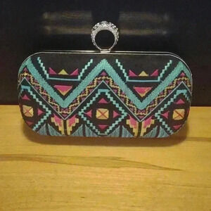 Aztec embroidered‎ clutch with faux diamond clasp
